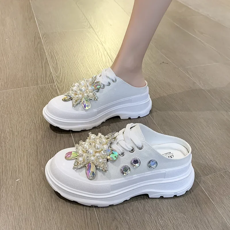 Spring New Women Sneakers Slipper Designer Platform Mules Flat Sandal Sweet Casual Lace Up Pearl Crystal Shallow Ladies Shoes