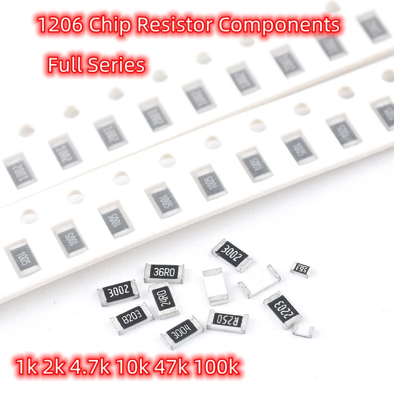 Resistor da microplaqueta de SMD 1206, 1%, 1K, 2K, 4.7K, 10K, 47K, 100K, 0 ohms, 1 ohms, 10 ohms, 100 ohms, 120 ohms, 100 PCes