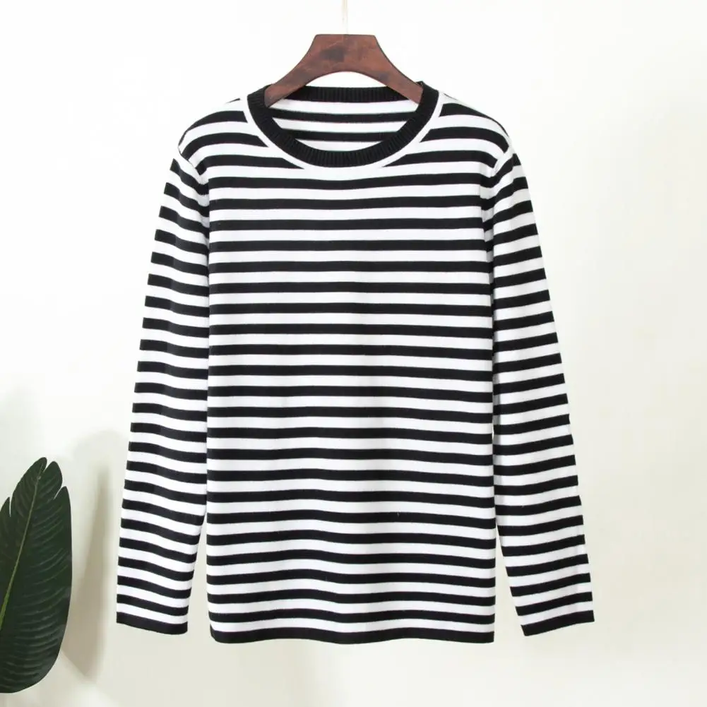 

Striped Design Sweater Striped Print Sweater Loose Fit Women's Top for Daily Wear with Retro Knitting Design Stretchy Fabric