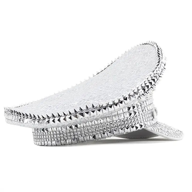 39BD Club Girl Hat Shimmering Captain Hat Crystal Sailor Hat for Music Festivals Sparkly Crystal Charm Captain Hat Versatile