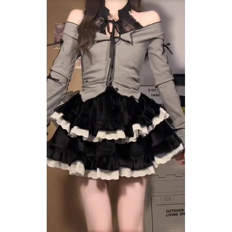 

Pure Desire Sweet Spicy Cake Skirt Set Women's Autumn Winter Design Sense Lace Top Puffy ort Skirt Faionable Outfit