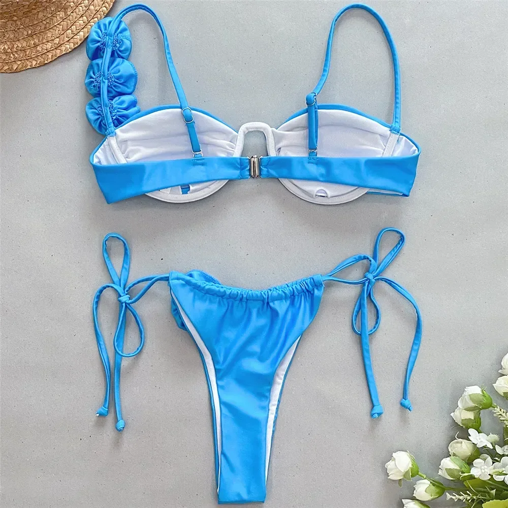 Sexy 3D Flower Blue Push Up Bikinis Sets 2024 Women Wrinkled Underwired Swimwear Micro Thong Swimsuit Bathing Suit Bikini Mujer