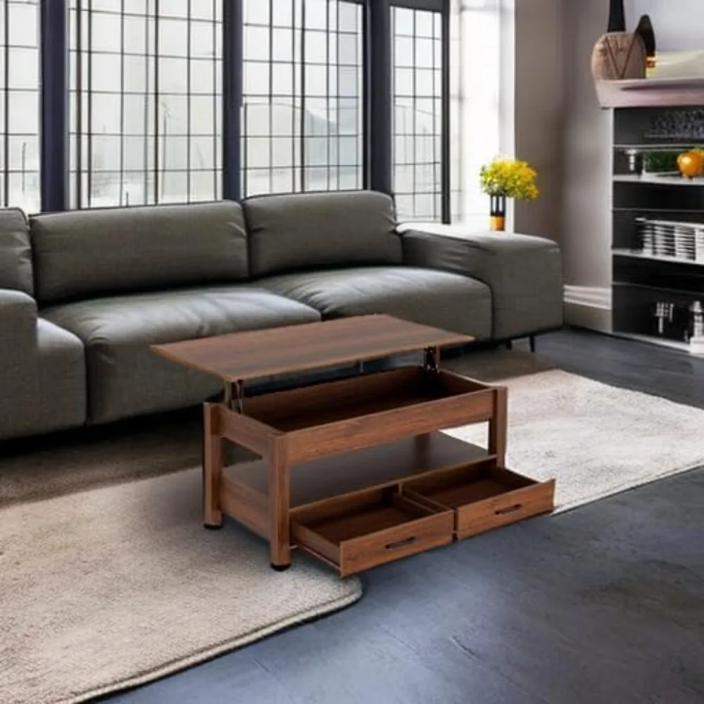 Lift Top Coffee Table with Drawers and Hidden Compartment, Retro Central Table with Wooden Lift Tabletop, for Living Room