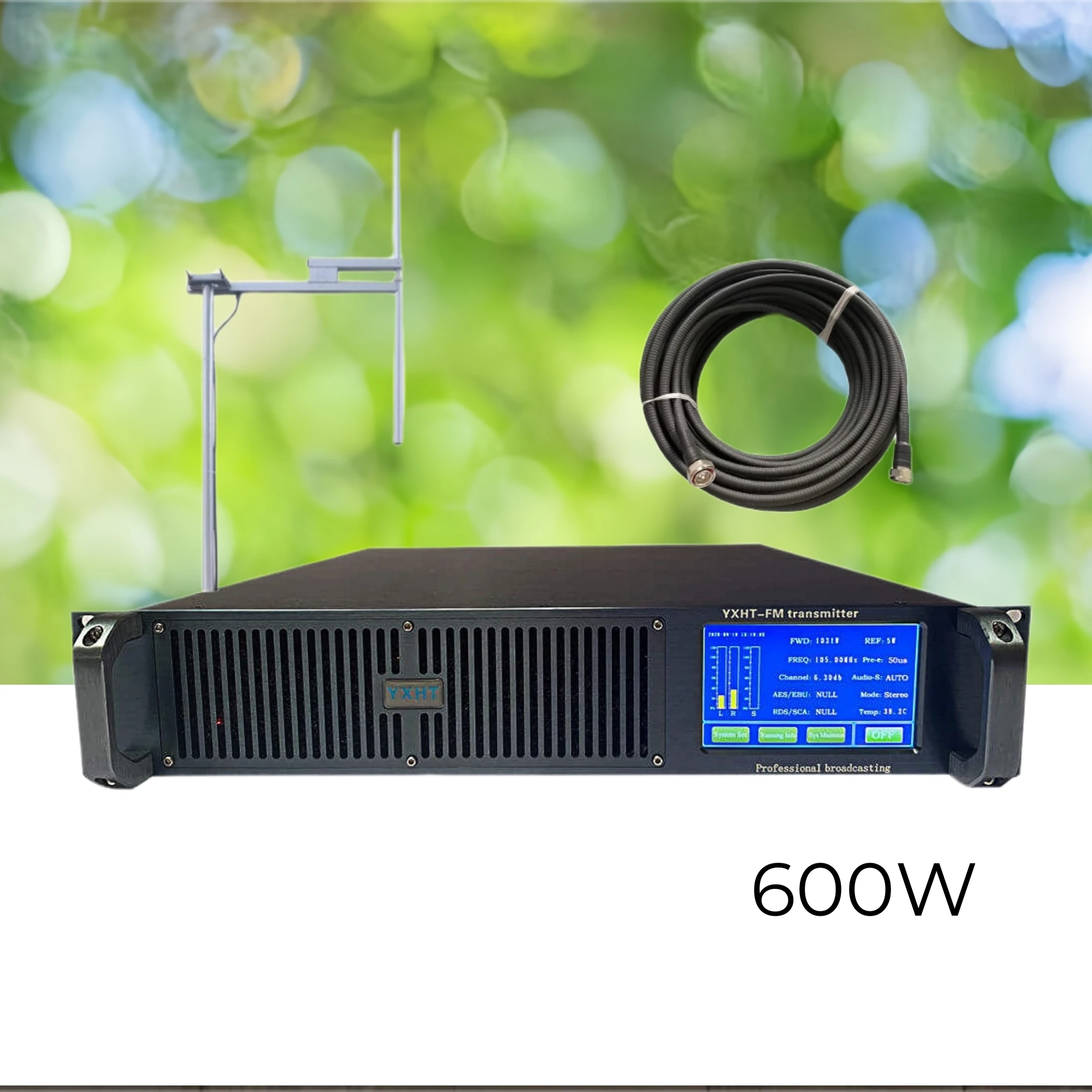 

600W，2U FM Transmitter with Touch-Screen YXHT-2: 1-Bay Antenna + 30m 1/2 Cable Complete Kit