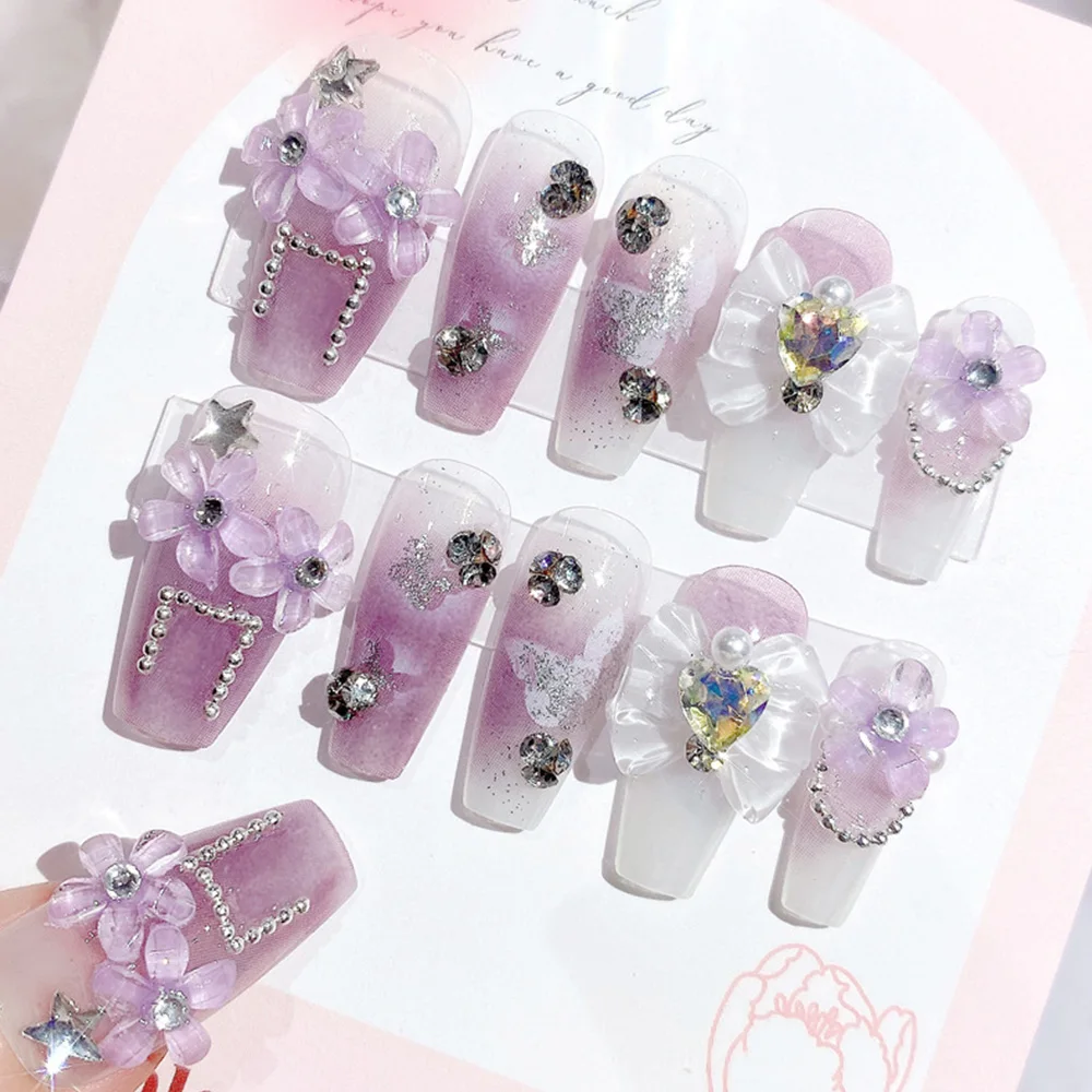 

24pcs Y2k Purple False Nails 3D Flower Bow Rhinestone Press On Nail Tips Artificial Fingernails Fashion Girl Wearable Fake Nails