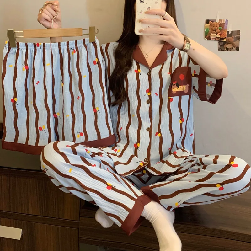 

2025 Female Short Sleeve Lapel Cartoon Striped Homewear Women Summer Thin Pajamas Three-piece Set Comfortable Leisure Sleepwear