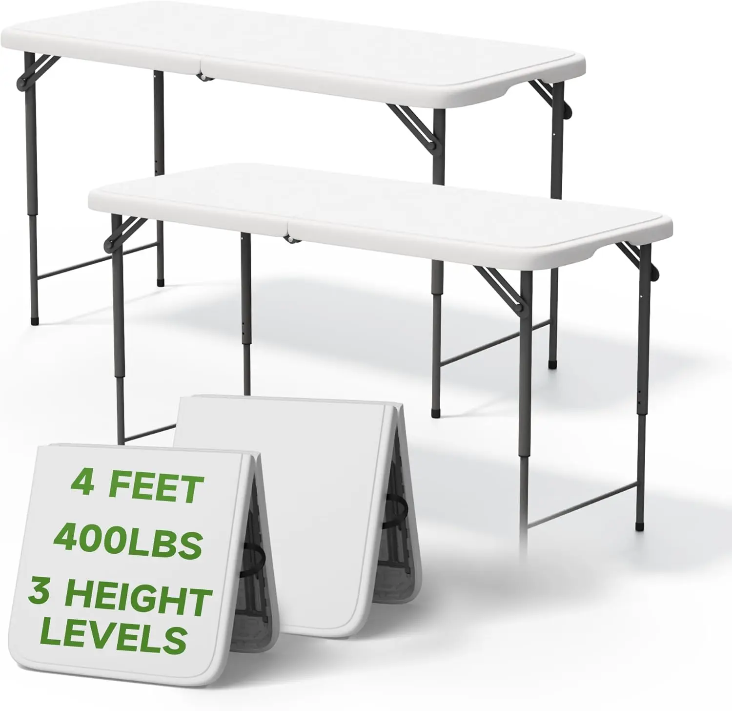 

Heavy Duty Folding Table 4FT, 400 lbs Capacity, 3-Height Adjustable, Portable for Camping Party, 2 Pack