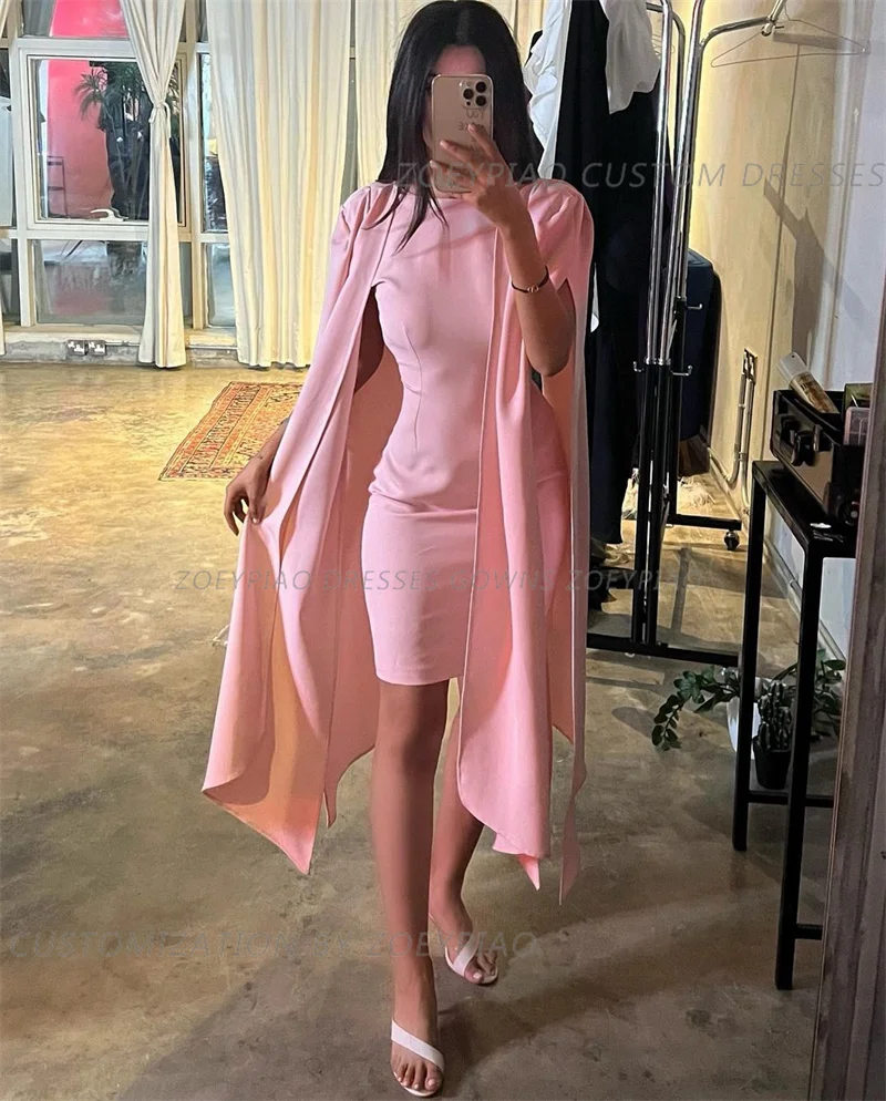 Abiti da sera corti in raso rosa chiaro Dubai arabo donna O collo maniche lunghe a mantella corsetto abito da ballo abiti personalizzati Plus Size