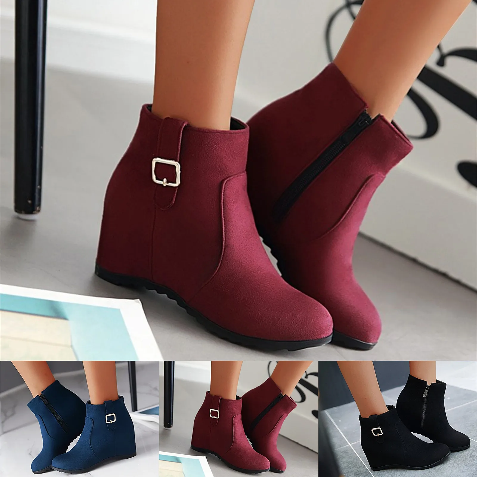 Ladies Fashion Solid Color Belt Buckle Inner Heightening Wedge Heel Side Zipper Boots Compression Socks Running Women Mid Calf