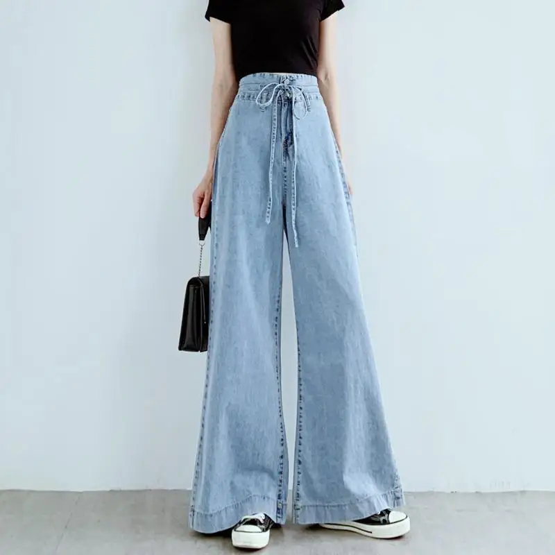 Latest Ladies Summer High Waist Figure Flattering Denim Pants Baggy Multi Purpose Straight Cut Wide Cut Full Length Trousers