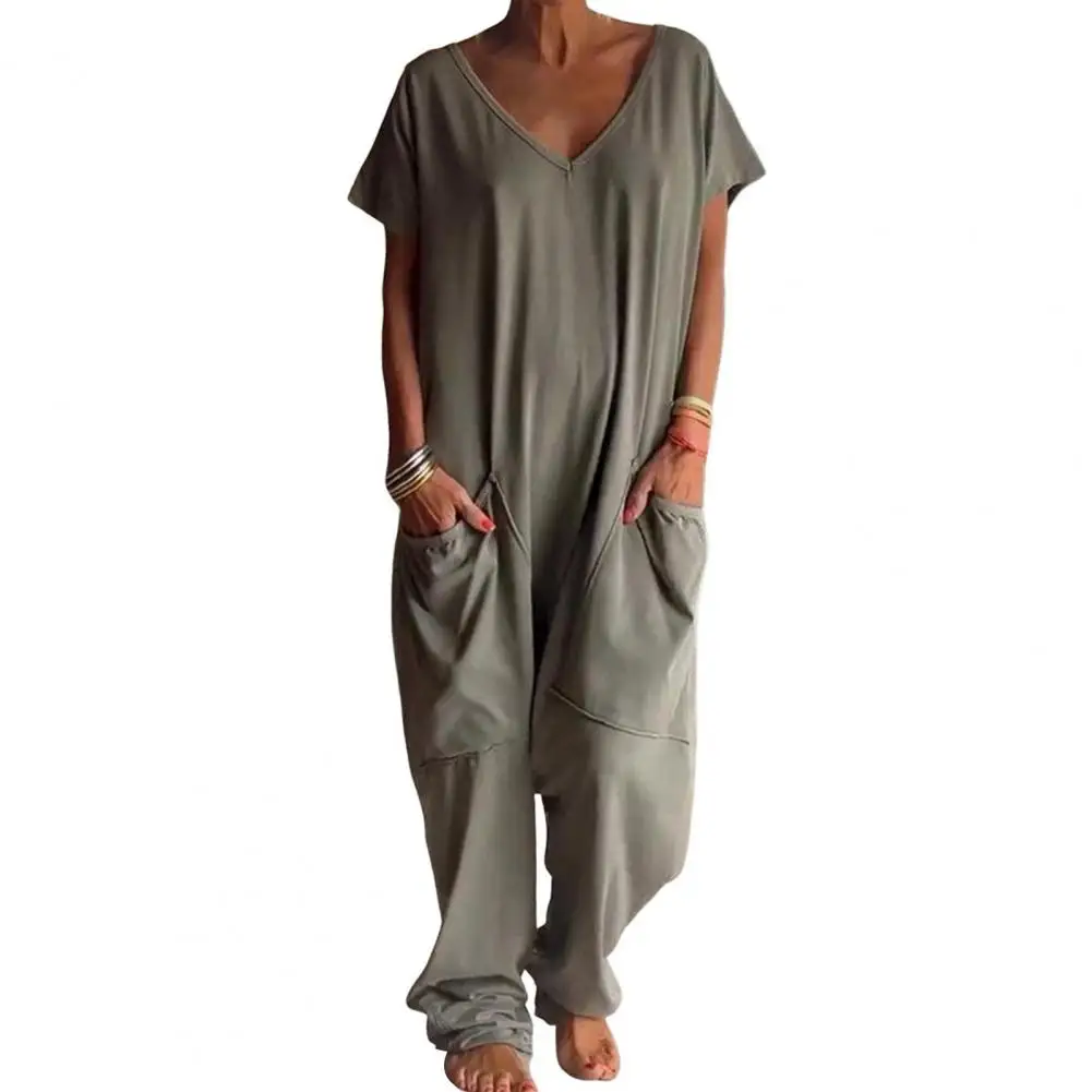 Vrouwen Jumpsuit V-Hals Zomer Effen Kleur Wijde Pijpen Broek Bib Zakken Overalls Casual Losse Mouwloze Katoenen Linnen Jumpsuits