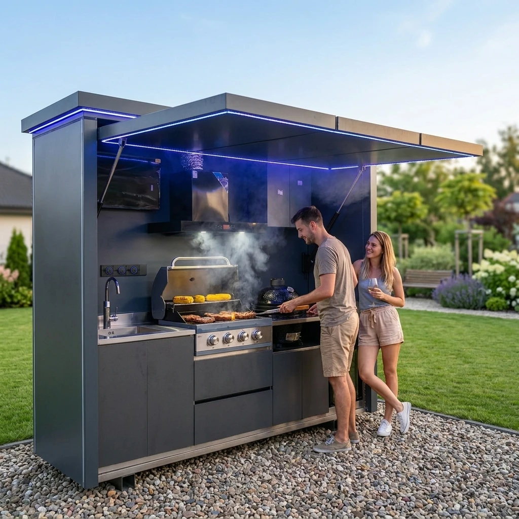 Stainless Steel Modular BBQ Island Outdoor Kitchen Kamado Grill Cabinet Equipped With Smoker and Pizza Oven For Home Party Use