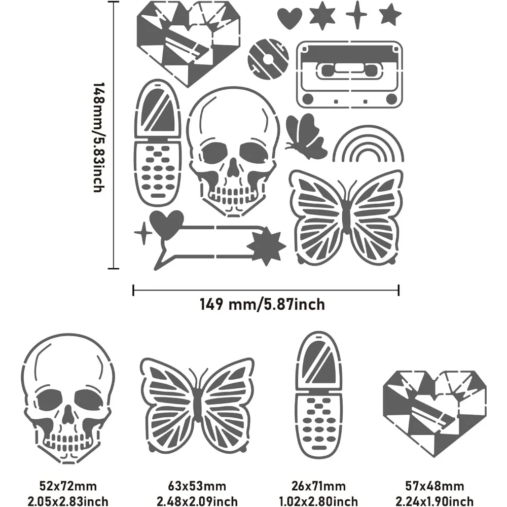 Y2k Metal Stencils Butterfly Cell Phone Skeleton Tape Stainless Steel Stencils Journal Template for Wood Carving Drawings