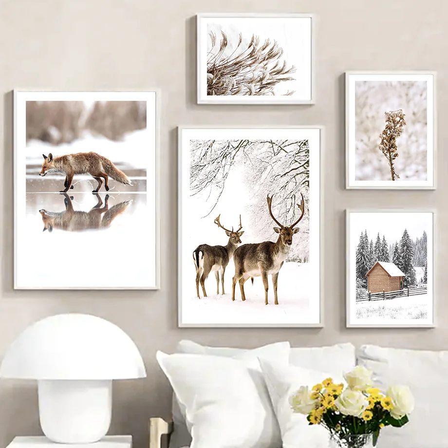 Winter Snow Deer Forest Reed Wood Wall Art Canvas Painting Nordic Posters and Prints Wall Pictures for Living Room Winter Decor