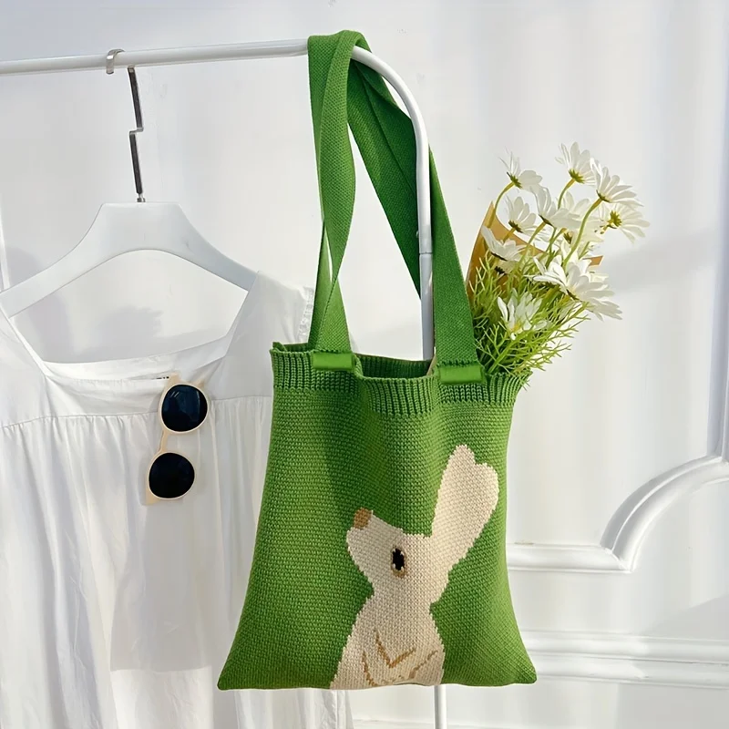 حقيبة حمل أرنب محبوكة باللون الأخضر، حقيبة محبوكة عصرية على شكل أرنب، حقيبة كتف محمولة للتسوق
