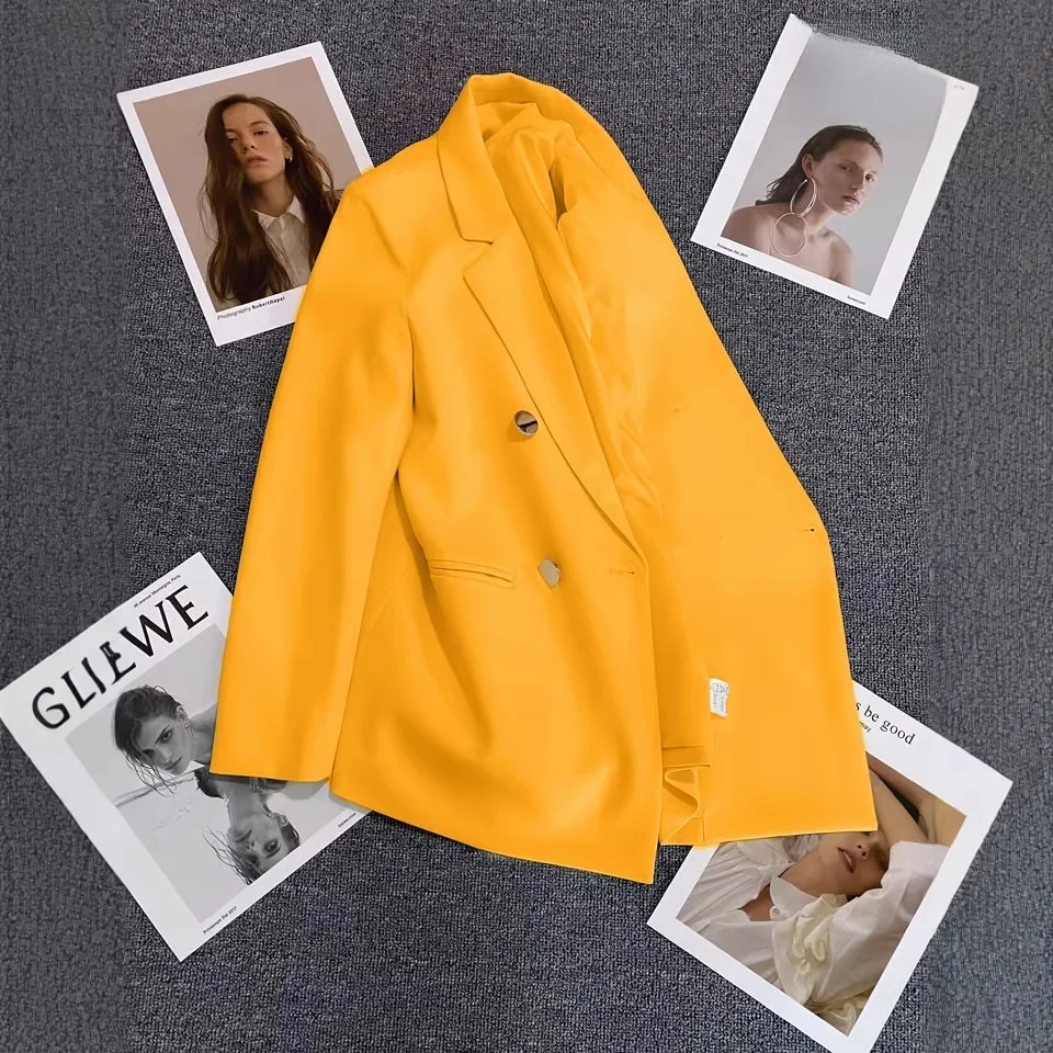

Весенний женский желтый двубортный универсальный пиджак для офиса в корейском стиле, модная верхняя одежда из полиэстера, коллекция 2026 года