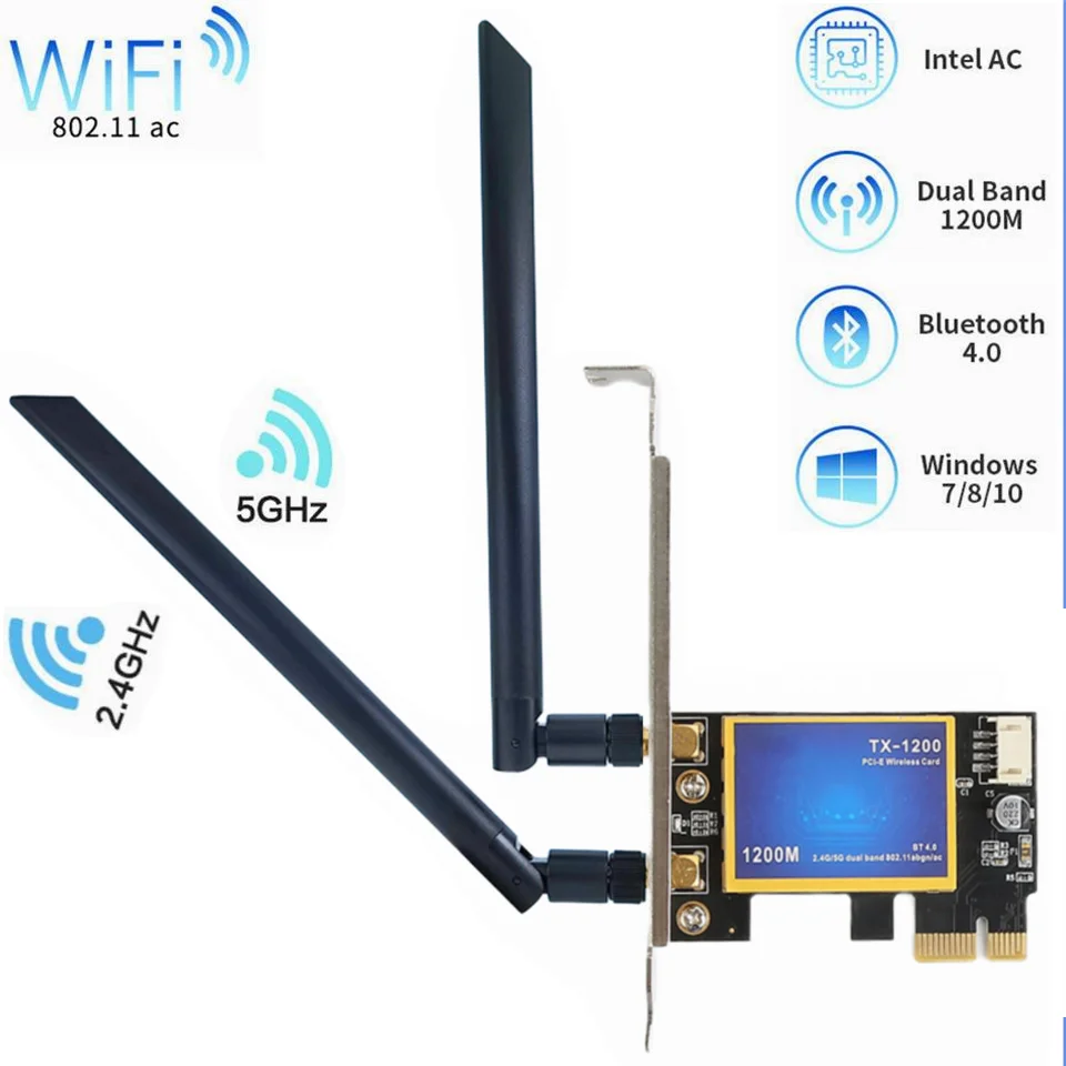 1200Mbps PCI-E WIFI Wireless Network Card Desktop Dual Band antenna 8DB 2.4G 5G PCI e PCIe  2 in 1 WIFI Bluetooth Adapter 7260AC