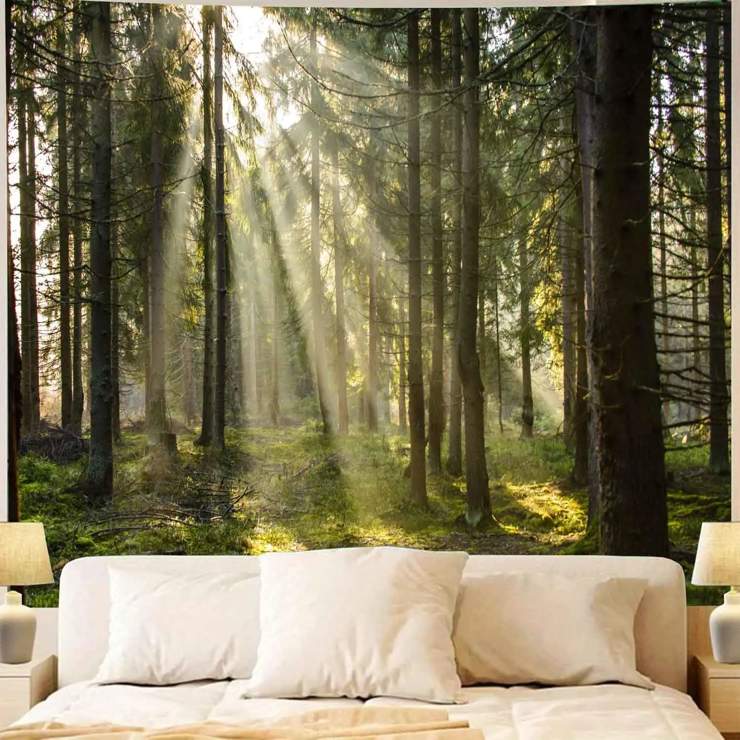Onivein Forest Tapestry Nature Sunlight Streaming Through Green Trees Wall Hanging for Bedroom Living Room Office Decor