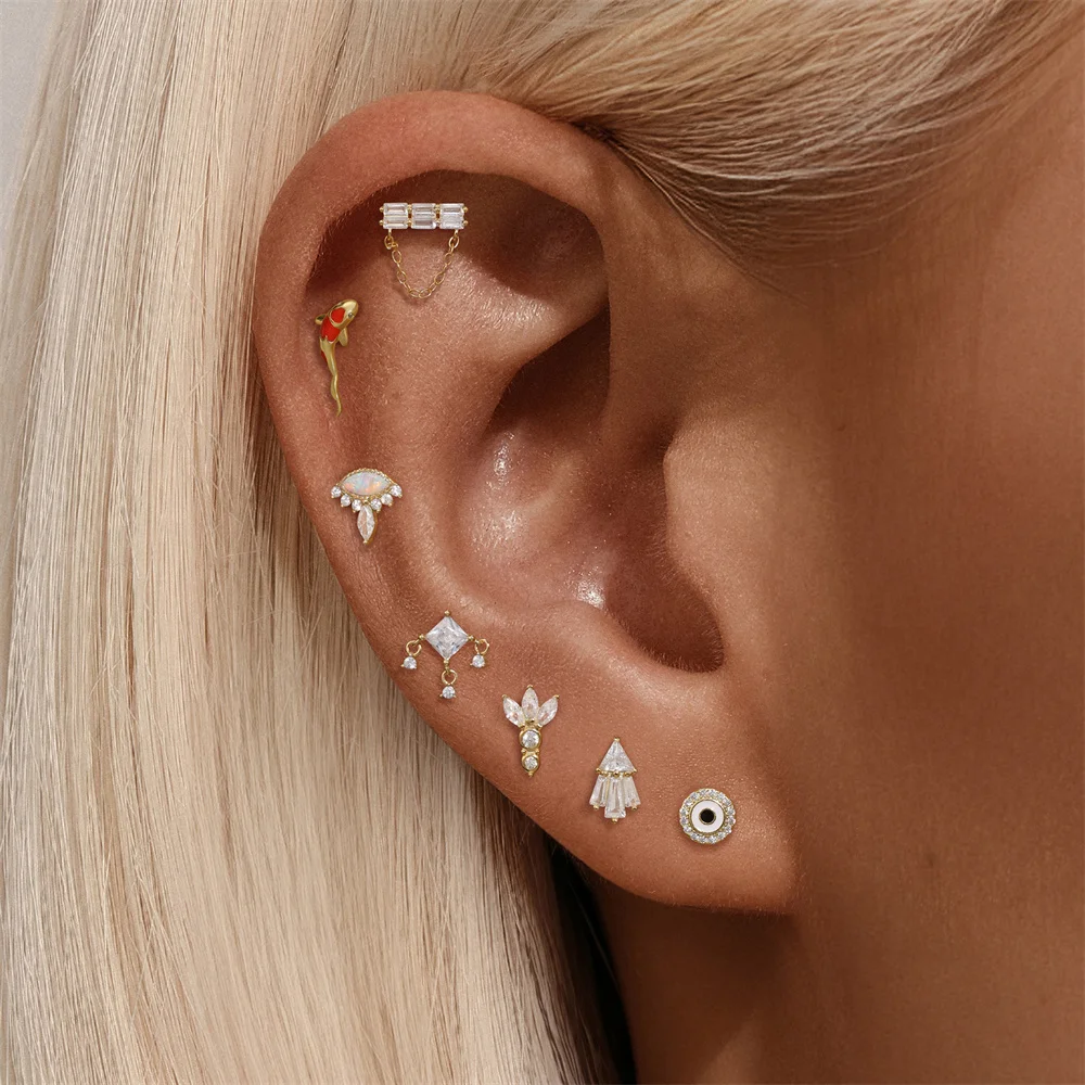 

AIDE 1PC 925 Sterling Silver Lucky Red Koi Piercing Earring For Women Geometric Chain Zircon Ear Bone Stud Earrings Fine Jewelry