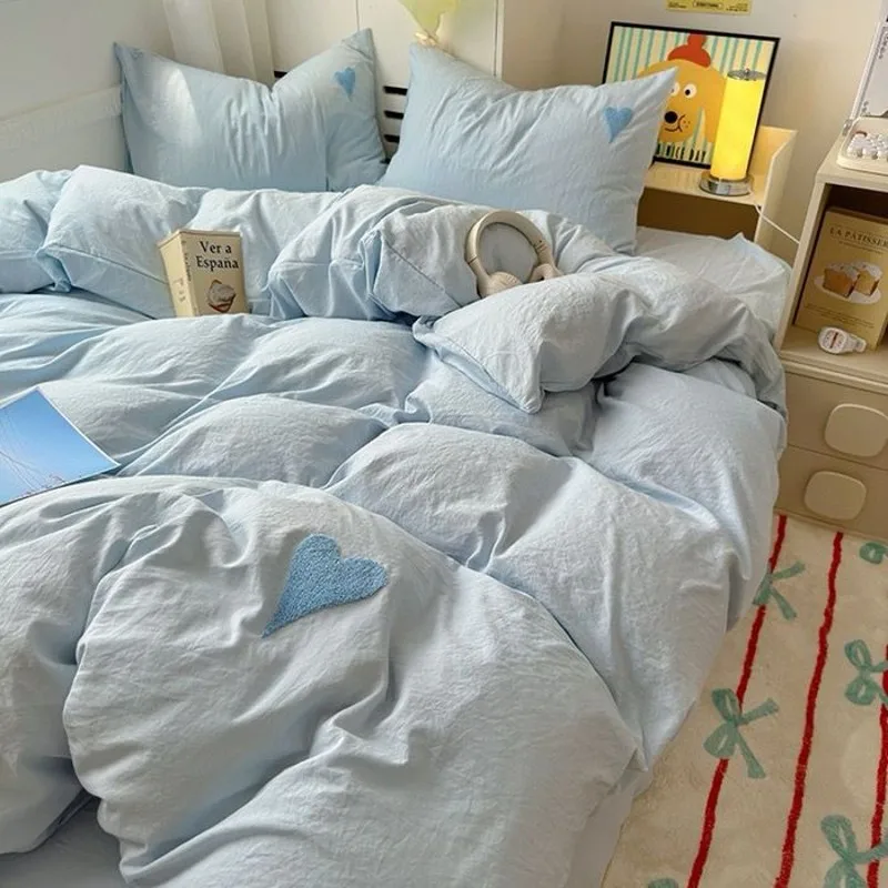 Korean Style Bedding Set Solid Blue Heart Duvet Cover Flat Sheet Pillowcase No Filler Boys Girls Full Queen Size Bed Linens