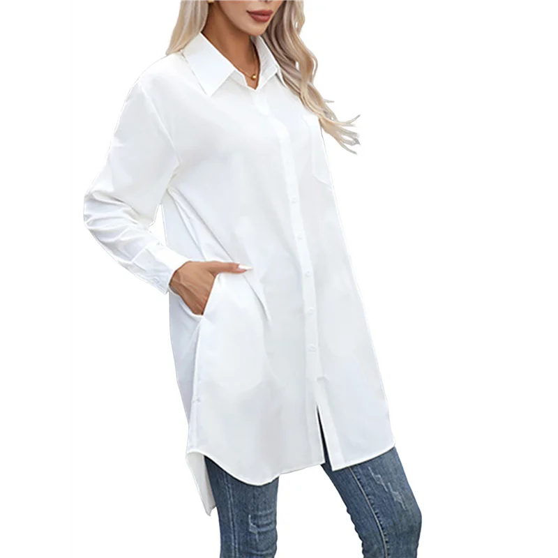 ABP-Mini abiti a camicia casual da donna con colletto a V e bottoni larghi a maniche lunghe