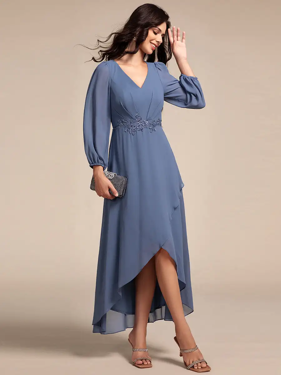 

Elegant Evening Dresses V-neck Applique Empire Waist Nine-Length 2025 Ever Pretty of Chiffon Dusty Navy Bridesmaid Dress