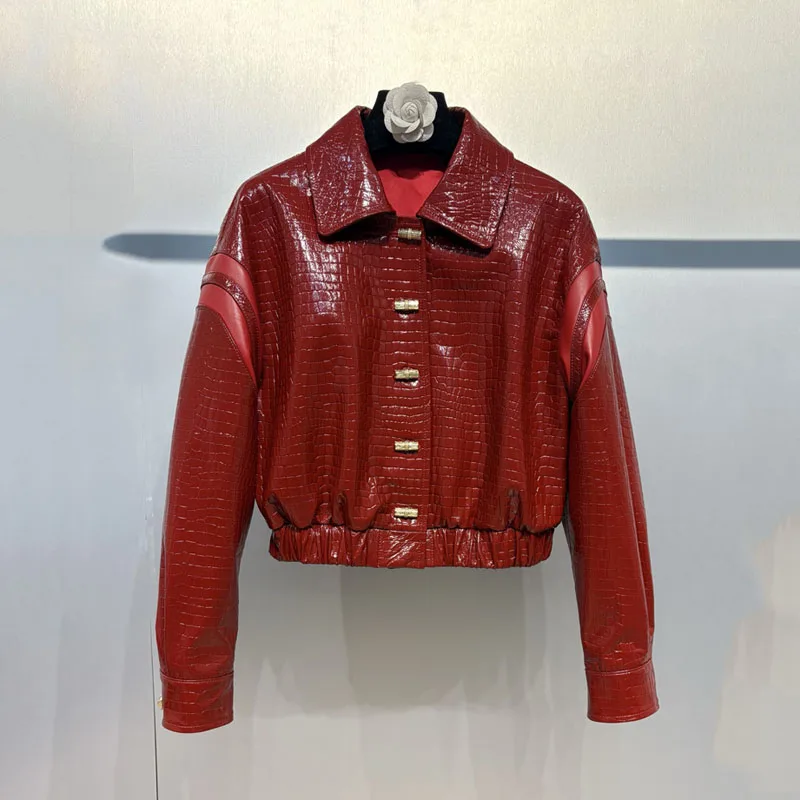 Manteau femme printemps et automne 2025, nouvelle mode, peau de mouton véritable naturelle, Imitation peau de crocodile, texture courte longueur