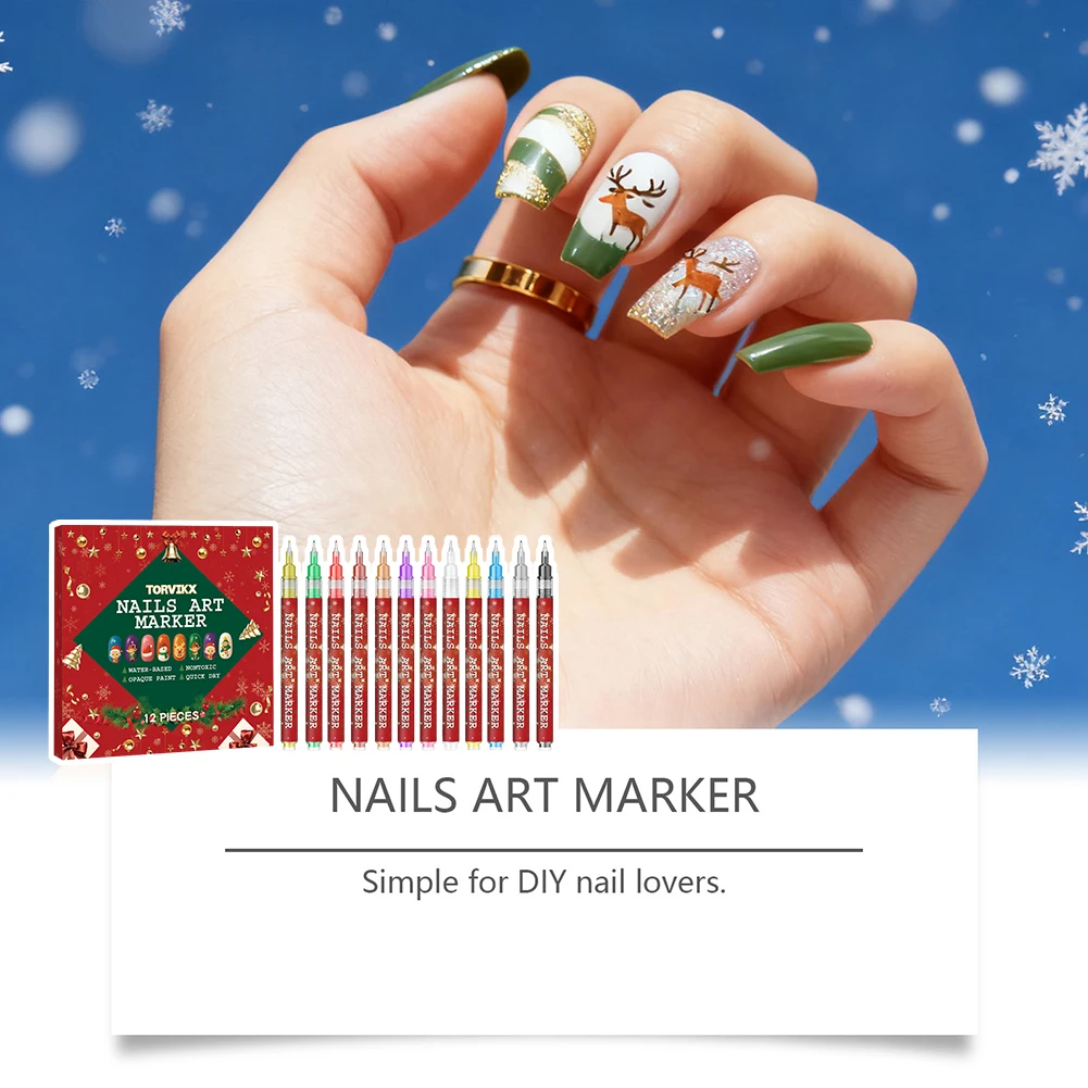 12本入りクリスマスネイルアートペンセット、ネイルポリッシュペン、グラフィティネイルアクリルペイントペン、描画ペイントポイントライナーペン、マニキュア用
