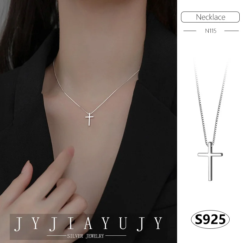 JYJIAYUJY 100% Sterling Silver S925 Necklace Smooth Surface Cross Shape Fashion Trendy Hypoallergenic Women Jewelry Gift N115