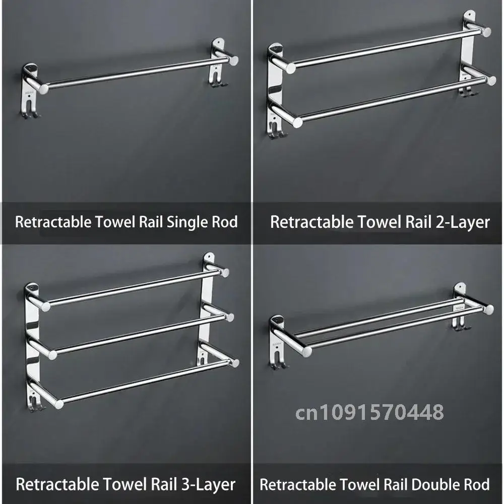 Bathroom Extendable Towel Rail Coat Hanger Silver 304 Polished Stainless Steel Bath Holder 45-75cm Retractable Bar With Hook