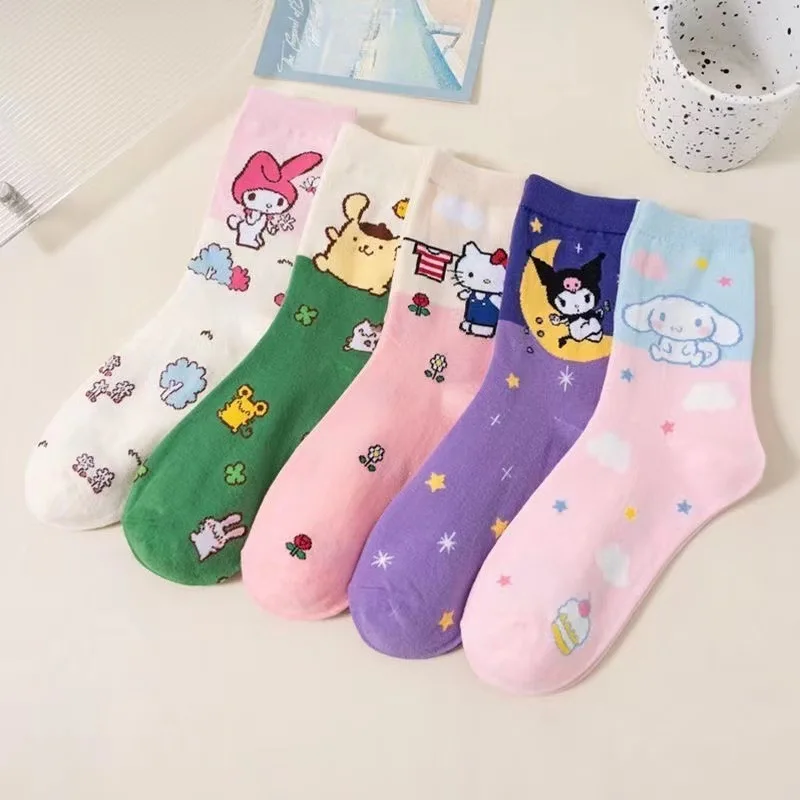 Cartoon Sanrio Hello Kitty Women\'s Socks My Melody Cute girl Mid-tube Cotton socks Kawaii Student Sock Girl Kids Christmas Gift