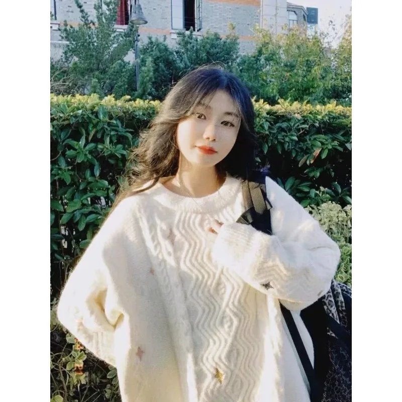 Japanese Style Women's Sweaters Autumn and Winter Loose O-neck Solid Color Sweet Girls Casual Daily Kawaii Pullovers Female