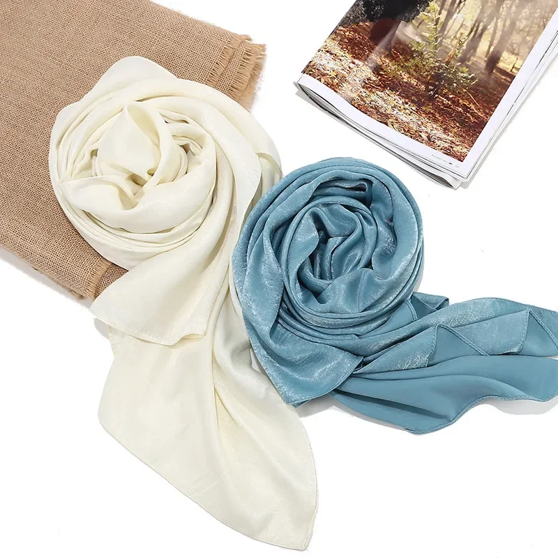 Shiny Hijab Silk Scarfs for Woman Headscarf Head Scarf Headwraps for Women Muslim Fashion Bufandas Silk Scarves Shawl Headband