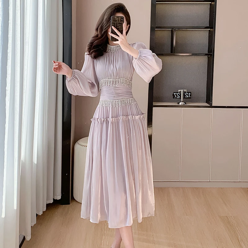 French Designer Fashion Women Organza Stand Collar Party Dress Luxury Spring Diamonds Tassel Ruffles Puff Sleeve Slim Midi Dress