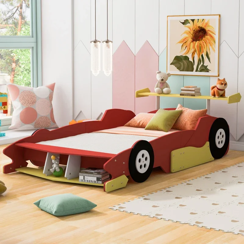 Full Size Race Car-Shaped Plataforma Cama com Rodas, Cama Vermelha