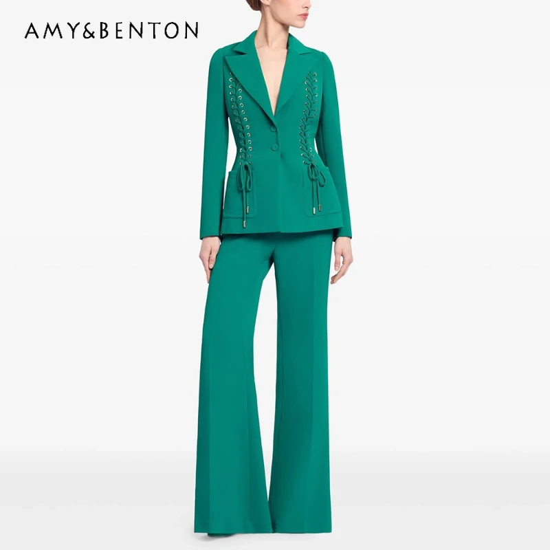 

Women's Pants Suit European American Design Fashionable Green Drawstring Strap Suits Jacket Flared Pants Trousers Sets Ladies