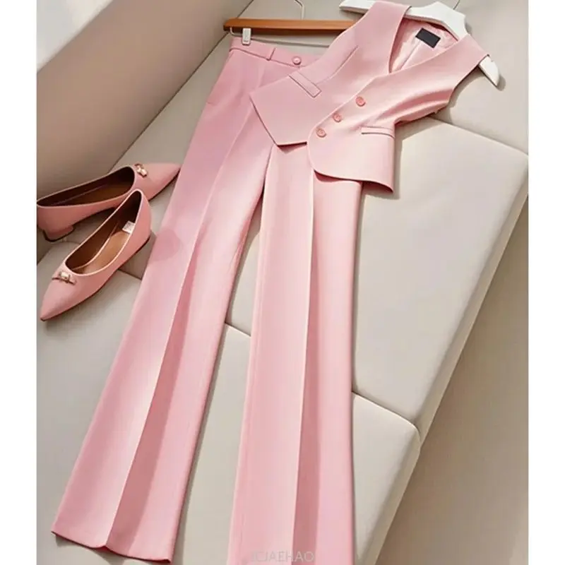 

2025 Women's V-Neck Fashion Office Lady Suit Formal Outfits Single Breasted Blazer Vest + High Waist Wide Leg Pants 2-Piece Set