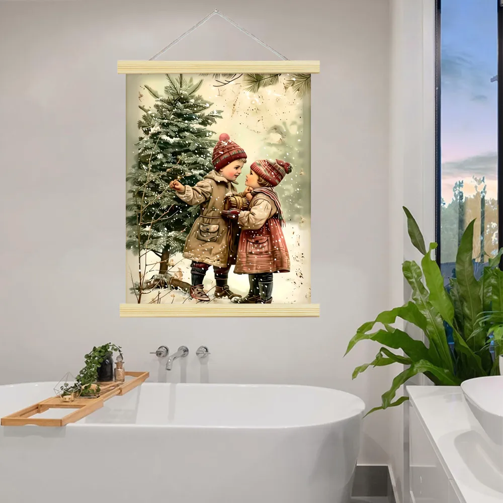 Christmas Tree Soild Wood Scroll Art Prints Poster Red Birds and Snowy Forest Print for Home Decor and Holiday Season Decoration