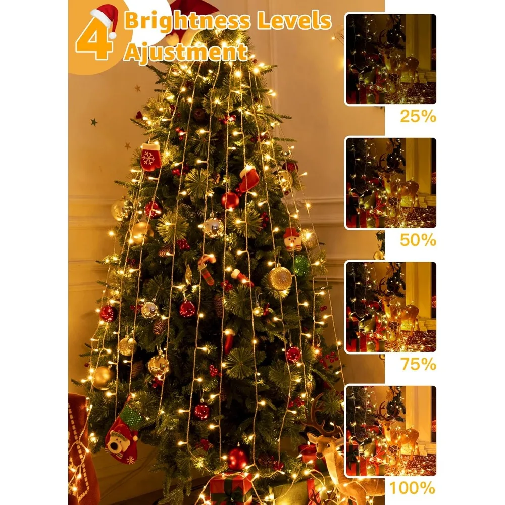 Рождественские гирлянды 1200 светодиодов, 196 футов, 8 режимов, гирлянды с регулируемой яркостью, пульт дистанционного управления и таймером, водонепроницаемые для праздничных украшений