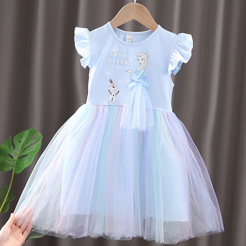 Disney Girls Dress Blue Summer Short Sleeve for Children Gauze Kids Clothes Princess Dresses Frozen Elsa Party Dresses Clothing