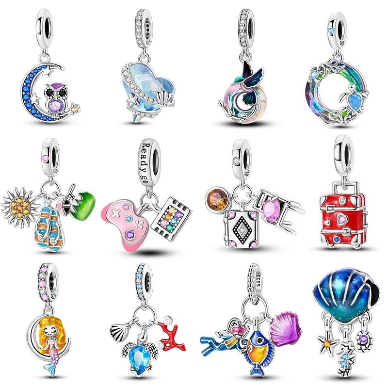 

Real 925 Sterling Silver Fashion Red Suitcase Mermaid Turtle Hummingbird Charms Pendants Fit Pandach Bracelets Fine DIY Jewelry