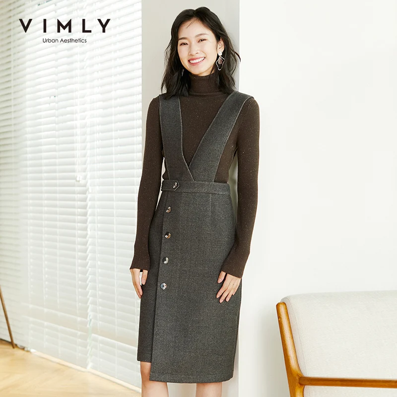 Vimly Winter Dresses For Women Fashion Solid High Wasit Sleeveless Buttons Strap Dress Elegant Female Knee-Length Vestidos F3871