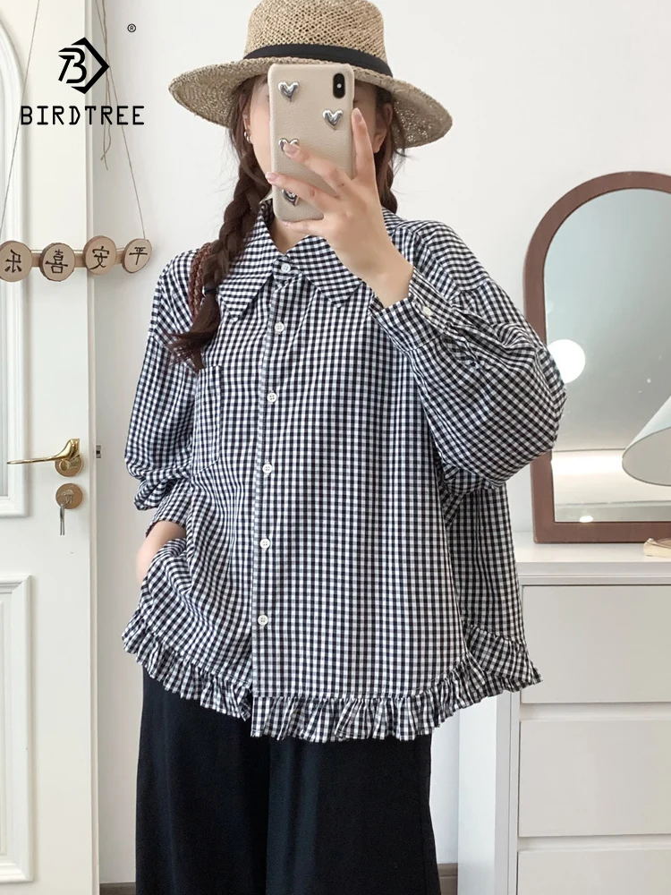 

Новинка 2025, осенняя хлопковая рубашка с длинными рукавами, женская клетчатая рубашка с отложным воротником и оборками, свободная блузка Mori Girl для французских поездок на работу T5N254CC