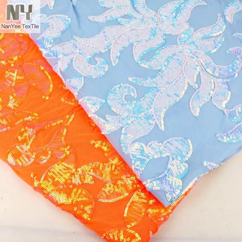 3mm Embroidered Sequin Fabric Elasticity for Clothing Heavy Industry Fluorescent Illusory Color Blue Orange Designer Diy Sewing