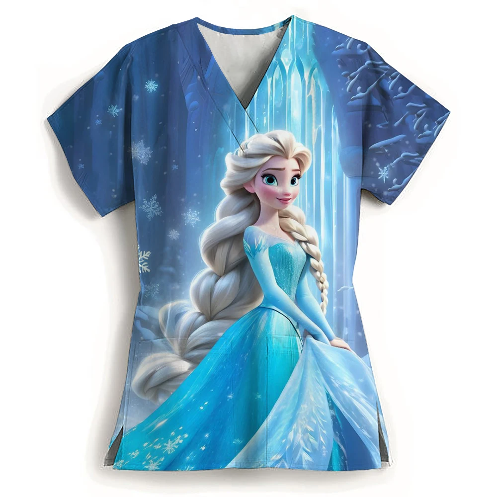 Disney Princess Pocket Women's V Neck Nurse Uniform T-Shirt Woman Clothing Summer Cheap Top New Dress S-3XL Y2k 2024 Kawaii Tops