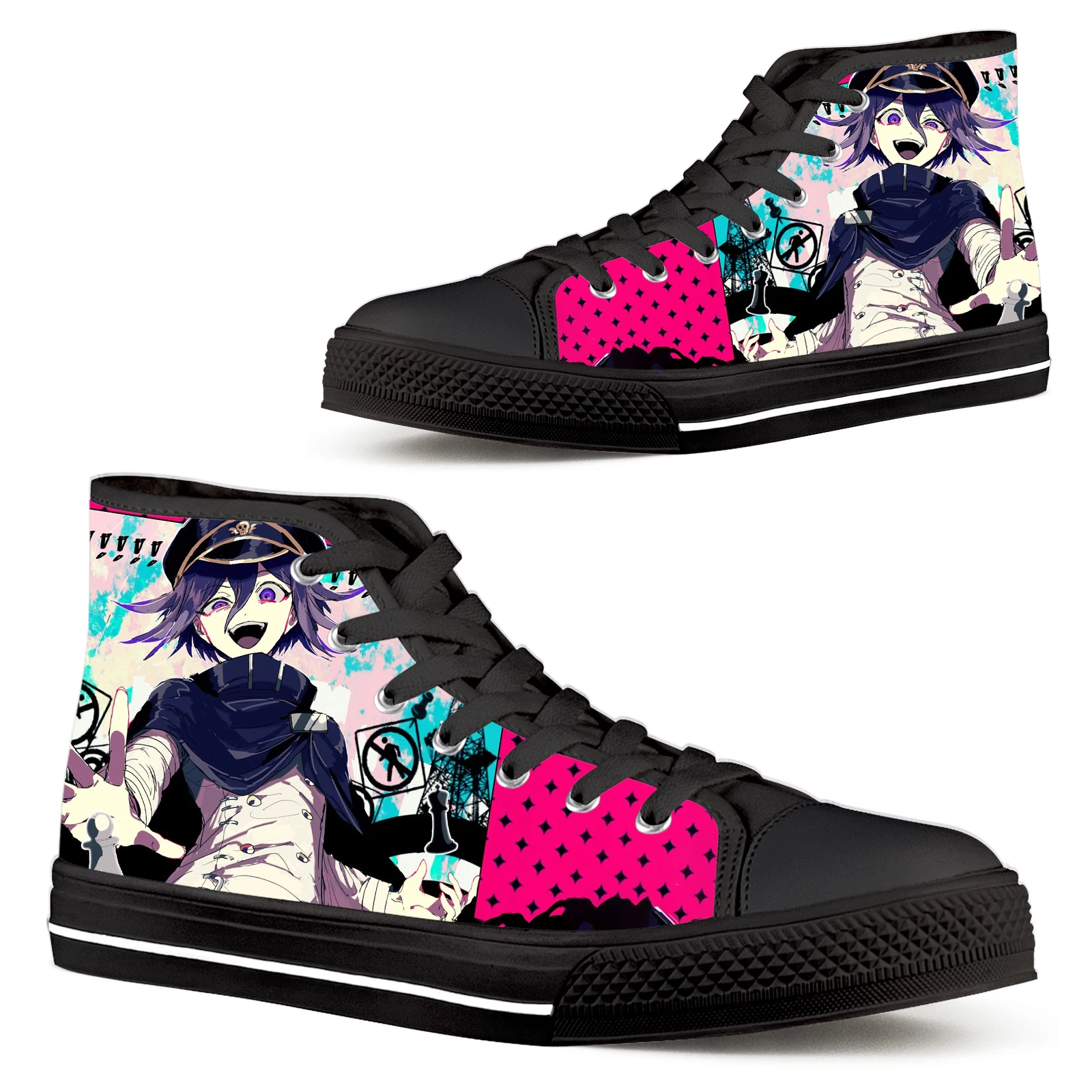 

ELVISWORDS Danganronpa Ouma Kokichi Anime Women's Shoes Lightweight Lace-Up Flats Purple Casual High Top Canvas Shoes Zapatos