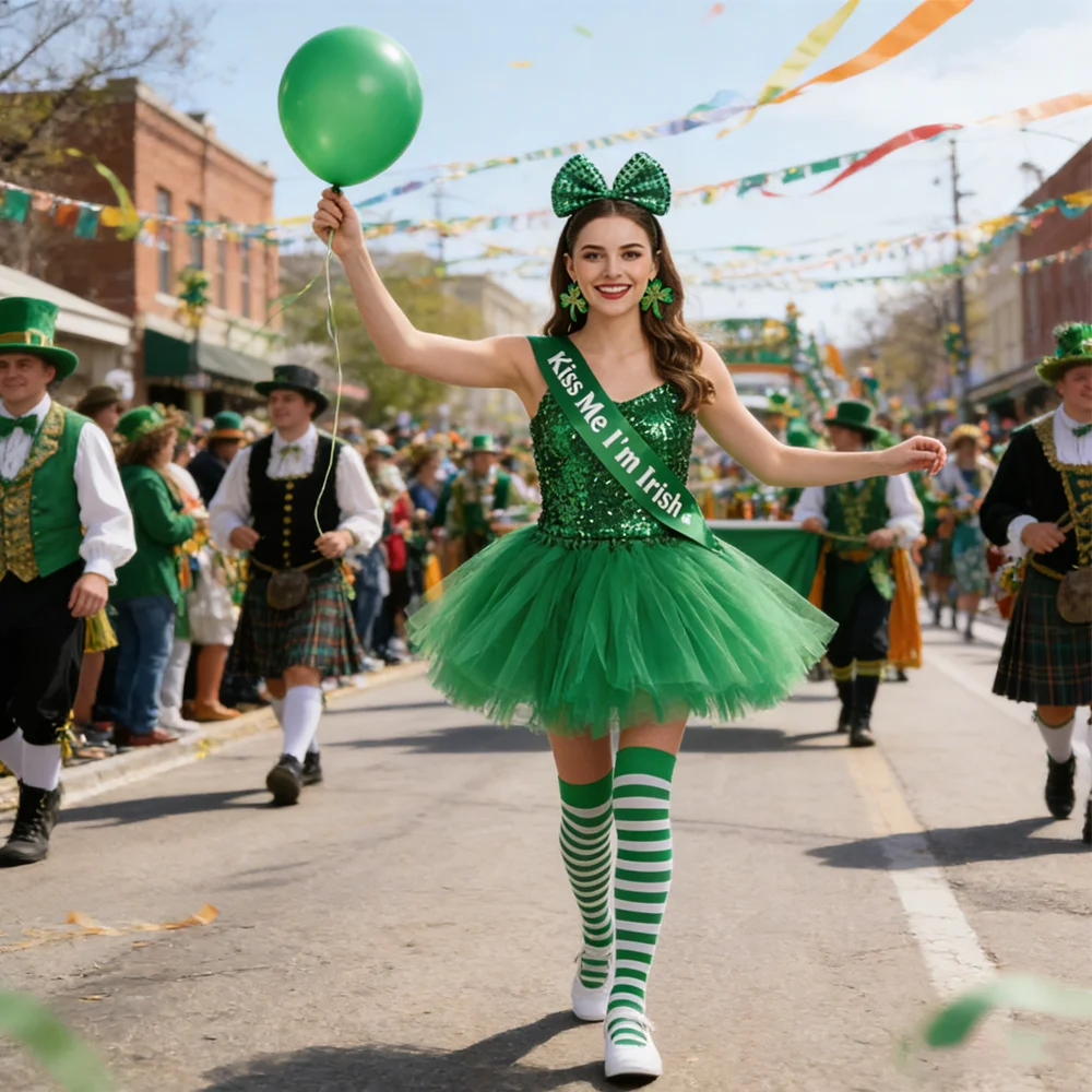 PESENAR ชุดเครื่องแต่งกายสีเขียววันเซนต์แพทริก ที่คาดผม ต่างหู กระโปรงตูตู ถุงเท้า อุปกรณ์เสริม