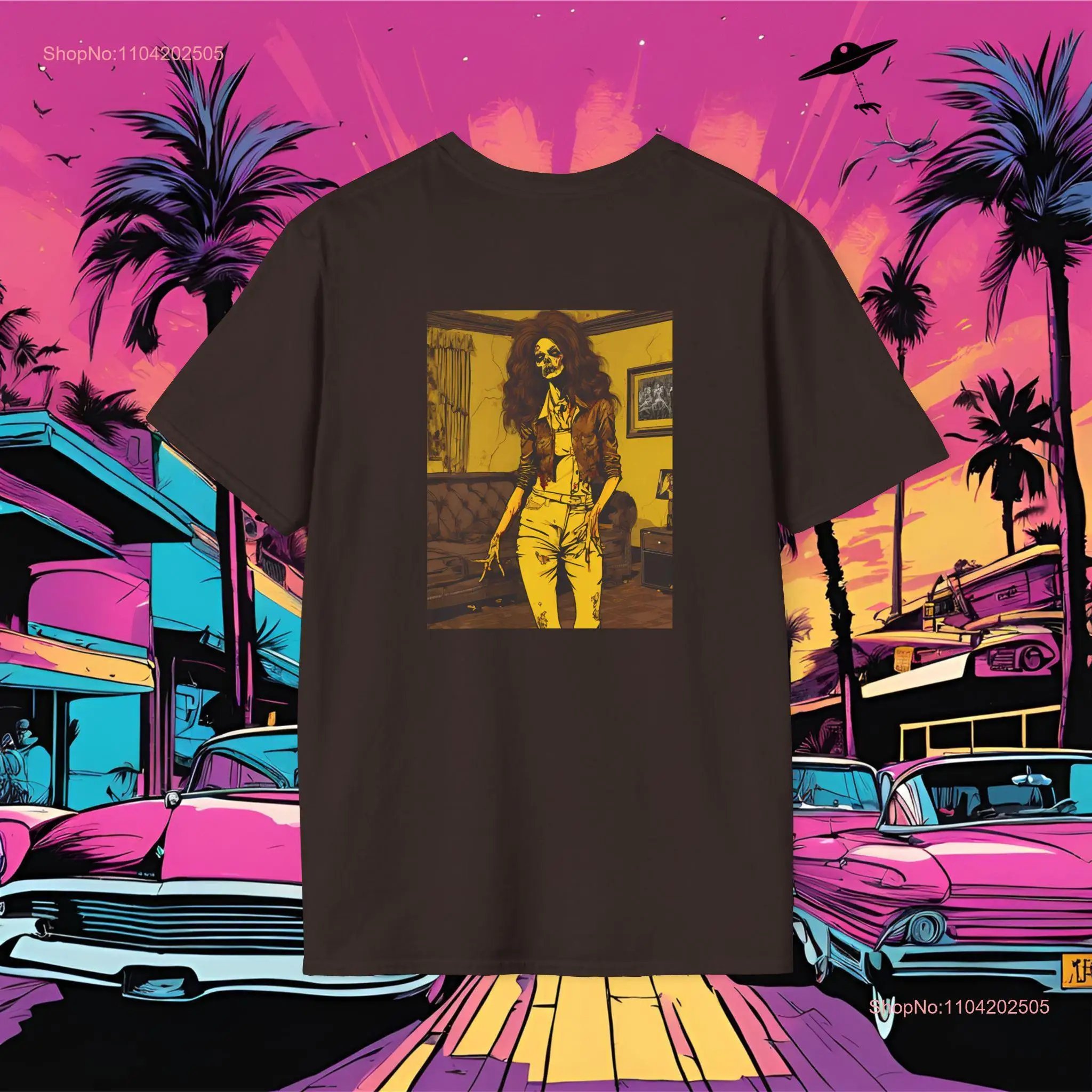 Women's Brown T Shirt Retro '70s Zombie with Big Hair and Cigarette Perfect for Everyday Wear Halloween