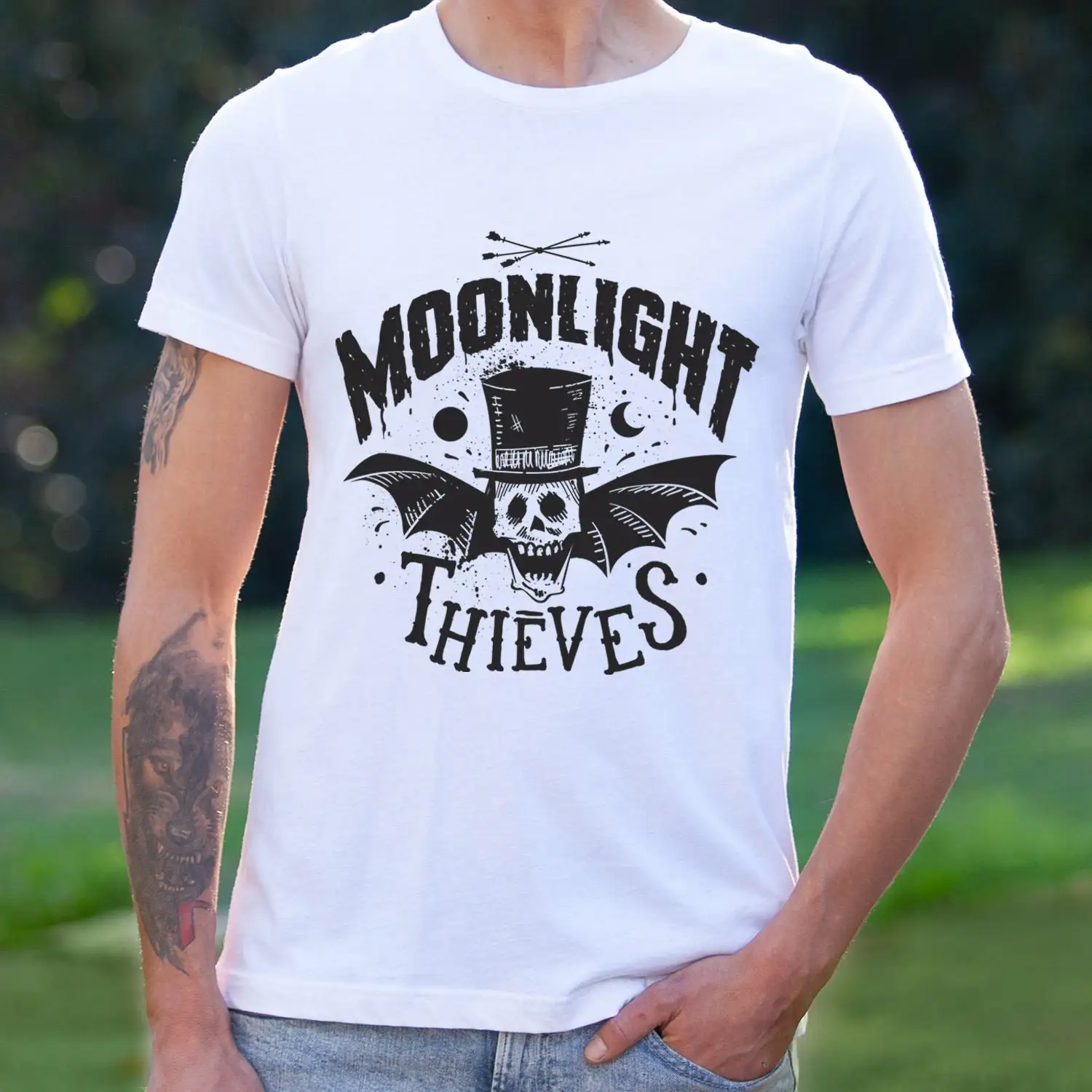 Moonlight Thieves T shirt Horror Skeleton BaT with and Wings Celestial Moon