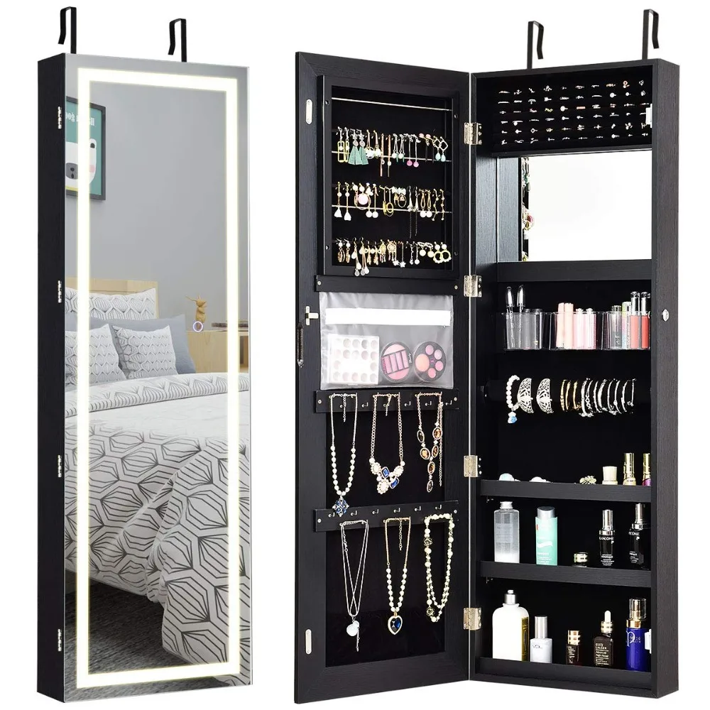 

Jewelry Cabinet Armoire Door Wall Mount, 47.2in Lockable Touch Screen Lighted Full Length Mirror, 3 Lighting, Customized